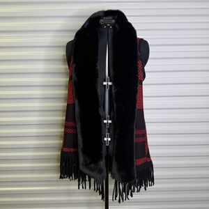 Ali Miles Plaid Open Front Fringe Faux Fur Cozy Fall Winter Cardigan Size 1X